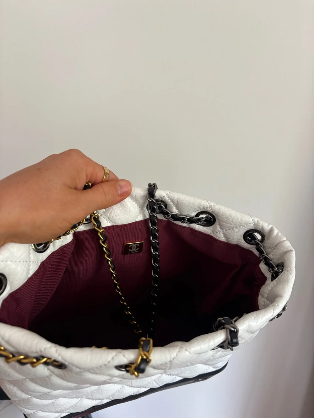 CHANEL White Quilted Leather Tote with Black Base and Mixed Metal Chain Straps